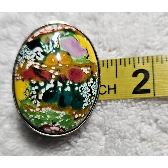 Colorful Abstract Oval Enamel Pin Brooch with Silver-Tone Backing 2" x 1.5" - Picture 5 of 6